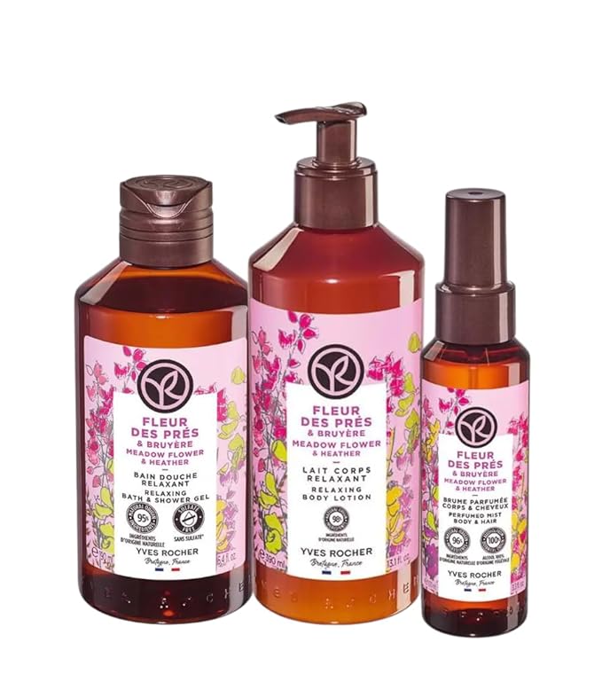 Yves Rocher Meadow Flowers &amp Hether Shower Gel Body Nourishing Milk Perfumed Spray Mist Women Day Care 200 ml./6.7fl.oz. 390 ml./13.2 fl.oz. 100 ml./3.3 fl.oz. Set of 3 Best Gift Kit