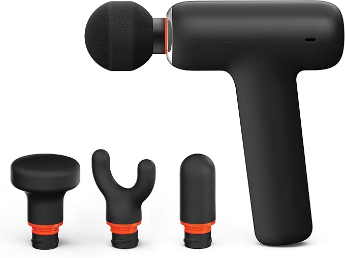 Sharper Image PowerBoost Core Mini Massage Gun| Portable Deep Tissue Percussion Massager with 6 Speeds| 4 Attachments| Quiet Motor| Cordless Muscle Recovery Tool with Carry Pouch