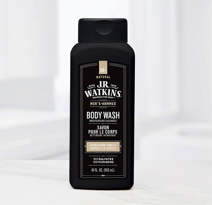 J.R. Watkins Natural Daily Moisturizing Body Wash Hydrating Shower Gel for Men and Women Free of SLS Cruelty Free Sandalwood Vanilla 18 fl oz 6 Pack