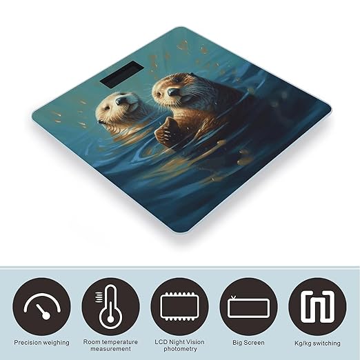 Sea Otters Painting Bathroom Scale for Body Weight Bathroom Digital Electronic Weighing Scale with Back Lit LED Display Sturdy Tempered Glass Weight Watchers Scales 400lb
