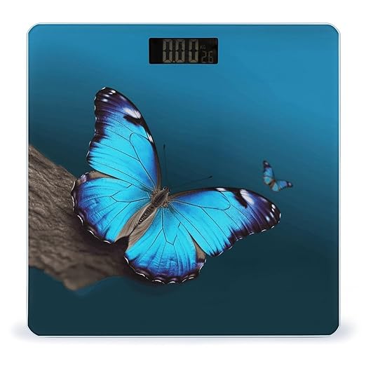 Beautiful Blue Butterfly Scale for Body Weight Safe Rounded Corners Tempered Glass Digital Bathroom Scale LED Display 400lb Capacity Weight Scales with High Precision Sensors