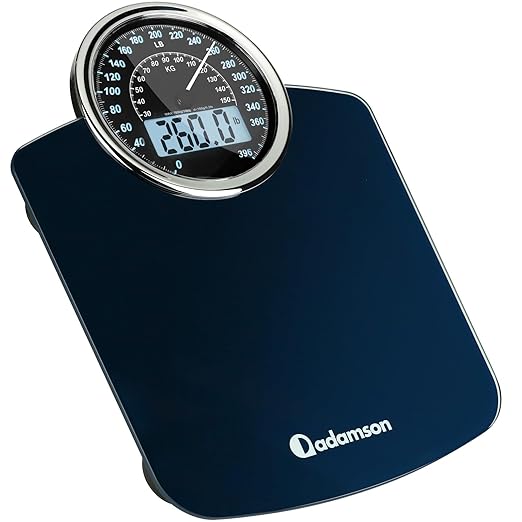 Adamson Hybrid 2-in-1 Analog &amp Digital Weighing Scale for Body Weight up to 400lbs - Thick Tempered Glass - Extra Large Display - Easy to Read Digital Bathroom Scale - Blue with Black Backlight