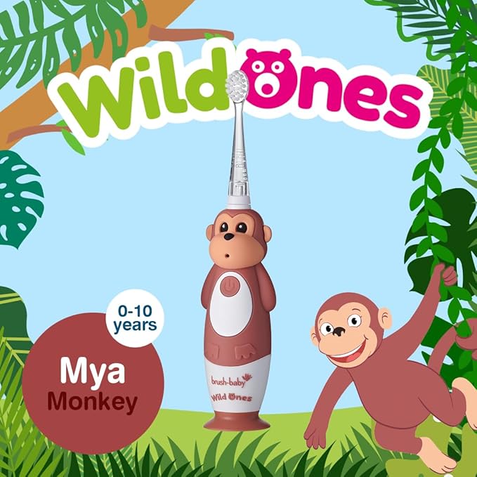 BrushBaby - WildOnes - Kids Rechargeable Electric Toothbrush Ages 0-10 - Monkey Design with Flashing Lights - DeepClean Bristles for Superior Cleaning - 2 Replacement Brush Heads 1 USB Cable