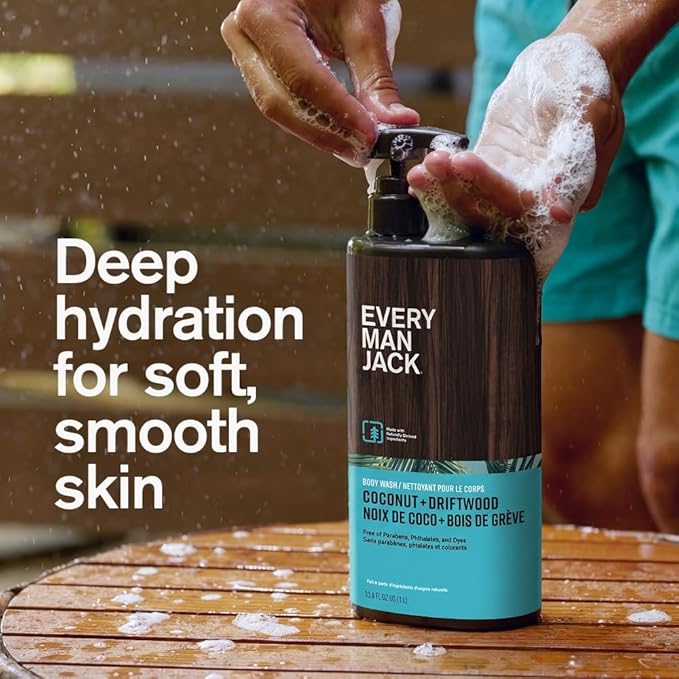 Every Man Jack Coconut + Driftwood Mens Body Wash for All Skin Types - Cleanse Hydrate and Smell Great - Free of Parabens Phtalates and Dyes - 33.8 fl oz (2 Pack)
