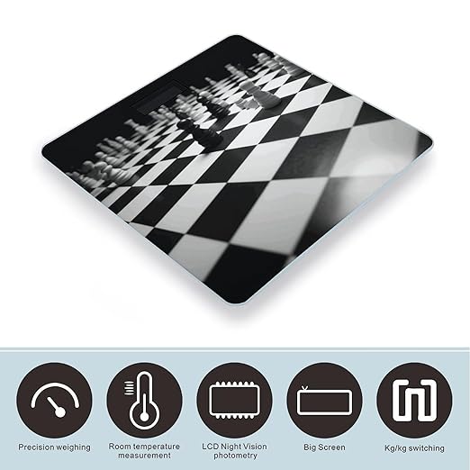 Black White Chess Checkerboard Scale for Body Weight Safe Rounded Corners Tempered Glass Digital Bathroom Scale LED Display 400lb Capacity Weight Scales with High Precision Sensors