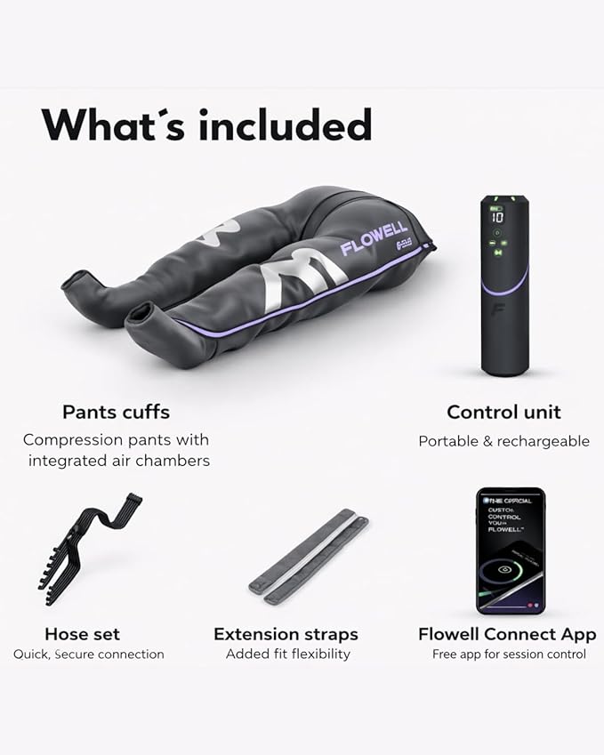 Flowell Air Pressure Therapy System – FDA Cleared (K233238) Sport Mobile Compression Pants – App-Controlled 4-Chamber Leg Compression Sleeves for Post-Workout Recovery &amp Circulatory Support
