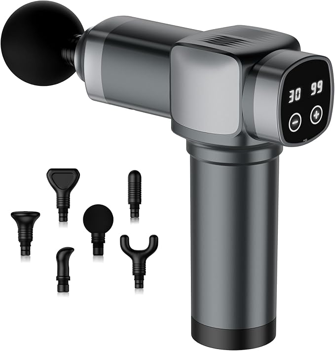 Deep Tissue Massage Gun Portable Percussion Muscle Massager with 30 Speeds &amp 6 Attachments Handheld Electric Back &amp Neck Massager for Pain Relief