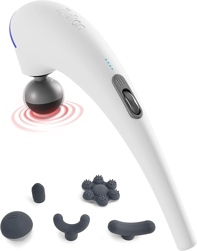 Zyllion Handheld Back and Neck Massager - Cordless Rechargeable Electric Vibrating Deep Tissue Massage with Heat for Athletes Recovery and Muscle Pain Relief - White (ZMA-27-WT)
