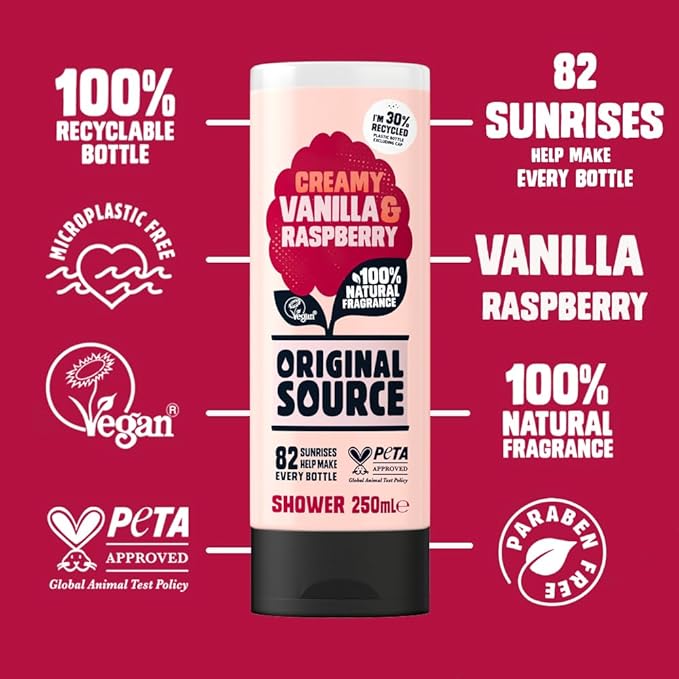 Original Source Vanilla &amp Raspberry Shower Gel 100 Percent Natural Fragrance Vegan Cruelty Free Paraben Free Bulk Buy Pack of 6 x 250 ml