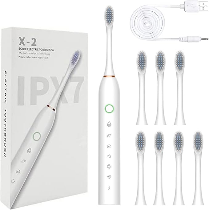 Generic Electric Toothbrush with 8 Brush Heads &amp 6-Speed Rechargeable Electric Powered Toothbrush for Adults Smart Powerful Electric Toothbrush White