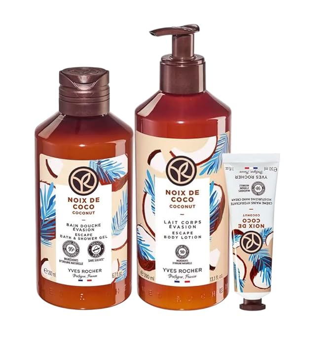 Yves Rocher Coconut Nourishing Shower Gel Body Nourishing Milk Perfumed Hand Cream Women Men Day Care 200 ml./6.7fl.oz. 390 ml./13.2 fl.oz. 30 ml./1 fl.oz. Set of 3 Best Gift Kit