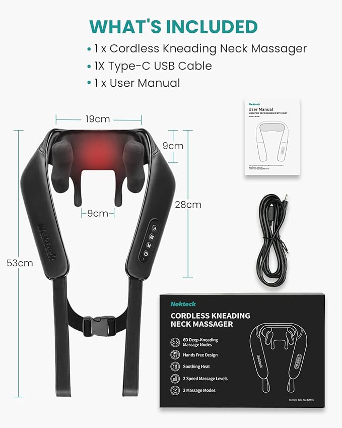 Nekteck Neck Massager Cordless 6D Shiatsu Neck and Back Massager Neck Massager for Pain Relief Deep Tissue Ideal Gift for Men and Women Ideal for Home Office and Car with Heat Black