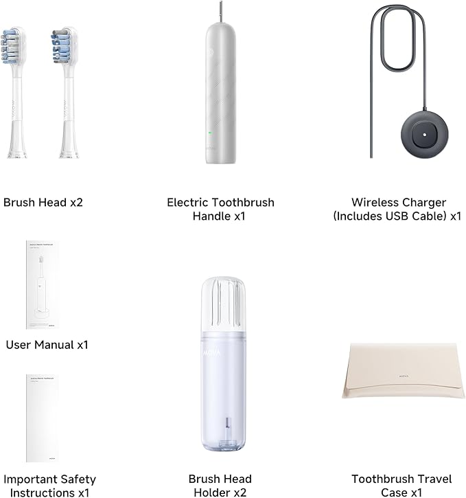 Mova Fresh Pro Electric Toothbrush with App 3DClean Rechargeable Electric Power Toothbrush for Adults 2 Brush Heads &amp Travel Case 3-in-1 Replacement Brush Head with Holder Matte Silver