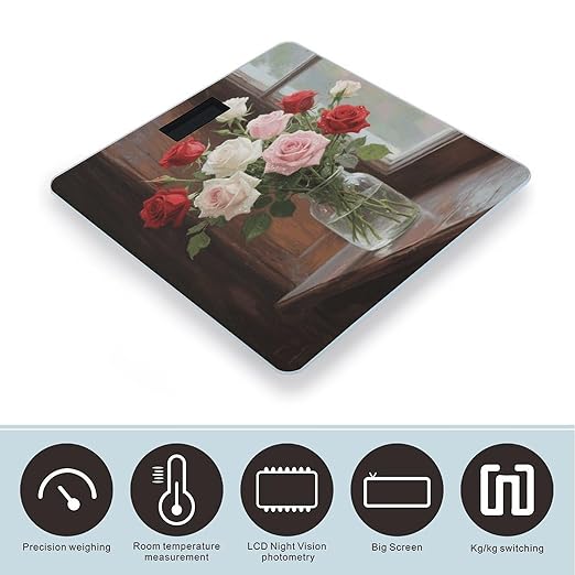 Roses Bloom Bathroom Scale for Body Weight LCD Display Digital Bathroom Scale Tempered Glass Bathroom Weight Scales Fashion Smart Scales for Home Bedroom 400 Lb