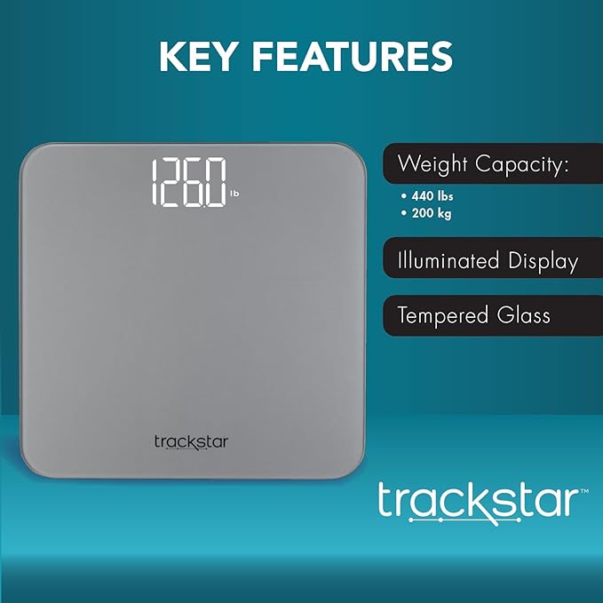 Trackstar Silver Digital Weight Scale | 440 lb Weight Capacity | Trackstar Monitoring App | Bluetooth iOS &amp Android Compatible | Measure Track and Share Results