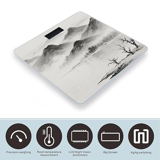 Ink Painting Landscape Weight Scale Large Digital Bathroom Scales with Bright LED Display Non Slip Digital Scale and Step On Fashion Weighing Machine for Body