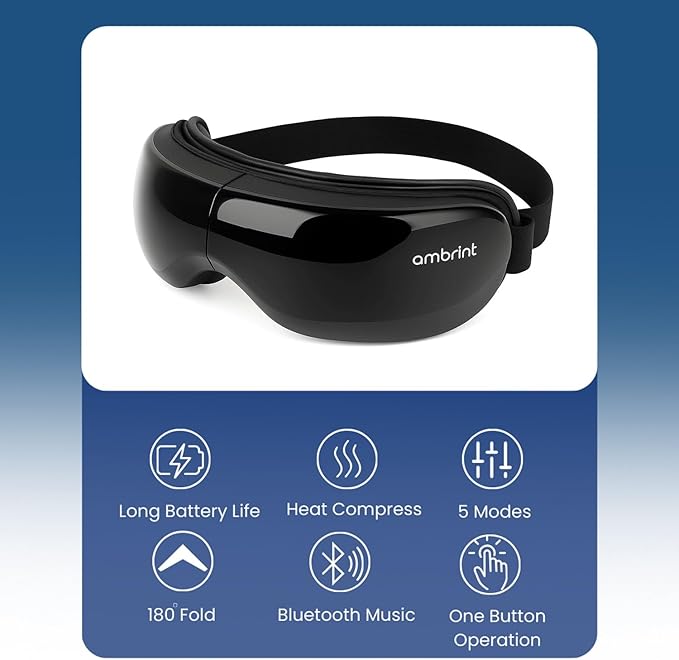 Eye Massager with Heat Bluetooth Smart Off for Eye Relaxing Migraine Stress Relief Improves Sleep Comforts Dry Eyes Tired Puffy Eyes. Gift for Birthday Father’s Mother’s Day Men Women