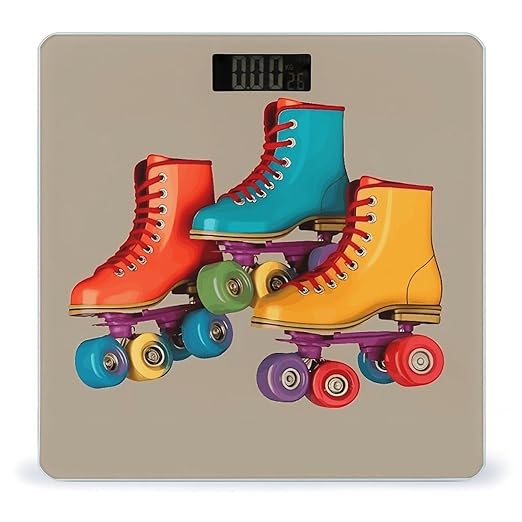 Retro Colorful Roller Skates Scale for Body Weight High Precision Digital Weight Scales with LCD Display Anti-Slip Sturdy Slim Tempered Glass Bathroom Scale for Home Use