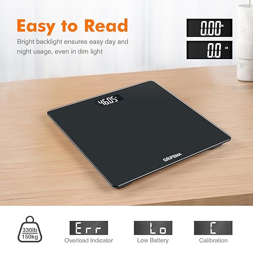 GRIFEMA GA2001-1 Digital Scales for Body Weight Weighing Bathroom Scales LCD Display and Step-On Technology 150kg/330lb 26x26cm Batteries Included Black