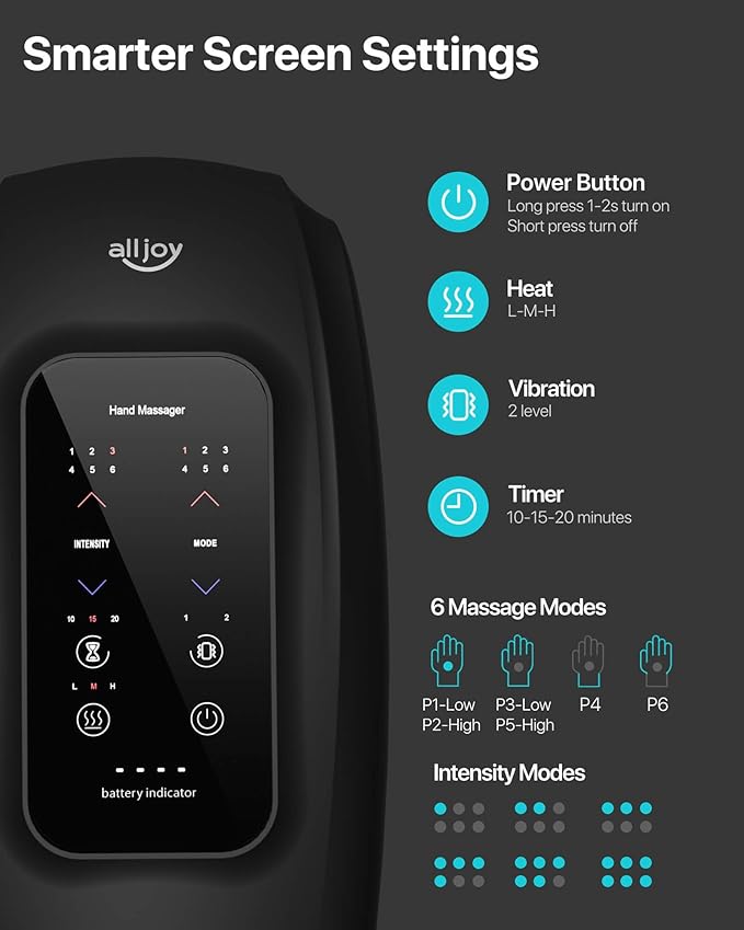 ALLJOY Hand Massager for Arthritis and Carpal Tunnel Relief Touchscreen Cordless Hand Massager with Vibration and Heat 6 Levels Pressure Point Therapy Gifts for Women/Men