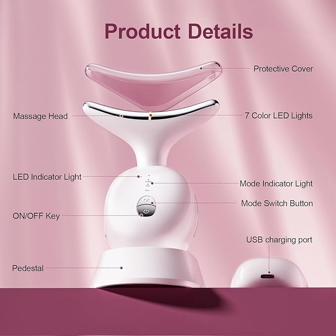 7 in 1 Facial Massager Tool Red - Light Therapy for face and Neck face Lift Device Portable face sculptin with 7 Color Neck Massager for Double - Chin - Reducer.