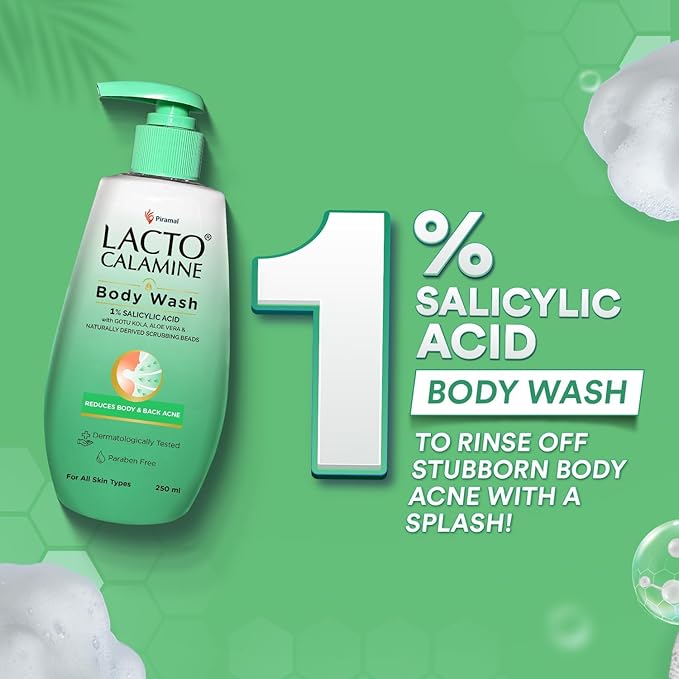 Lacto Calamine 1% Salicylic Acid Body Wash | 250ml | For Body Acne Back Acne Rough &amp Bumpy Skin |Cica Aloe Vera Turmeric &amp Natural Scrub Beads | Paraben Free | Body Wash Shower Gel For Men