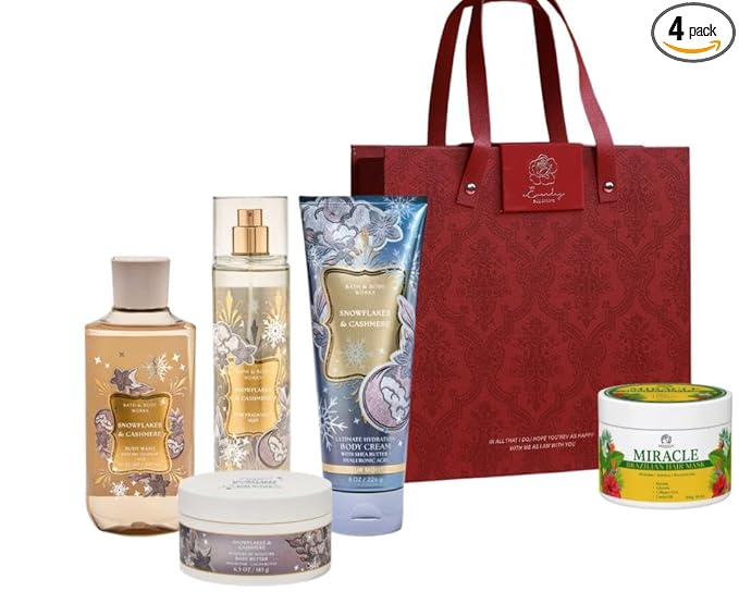 SNOWFLAKES &amp CASHMEREE - White BarnBath Body/Work - HOLIDAY COLLECTION - 4 Full Size and Holiday NEW Gift Bag With MIRACLE BRAZILIAN HAIR MASK (Packaging May Vary)