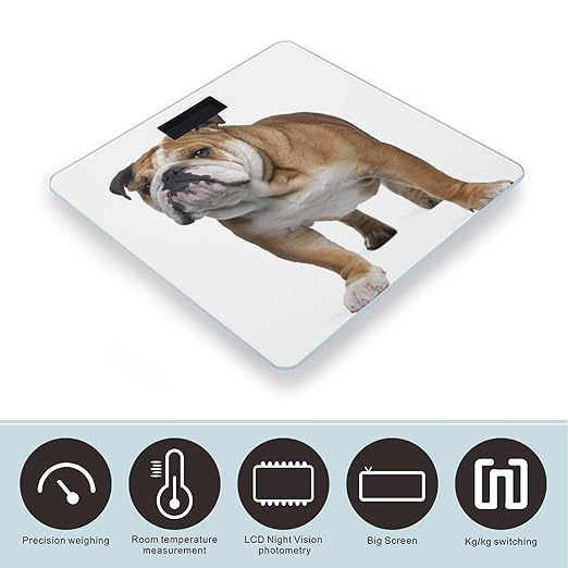 English-Bulldog Scale for Body Weight Anti-Slip Sturdy Tempered Glass Weighing Machine Highly Digital Accurate Bright LCD Bathroom Scale for Household Gift