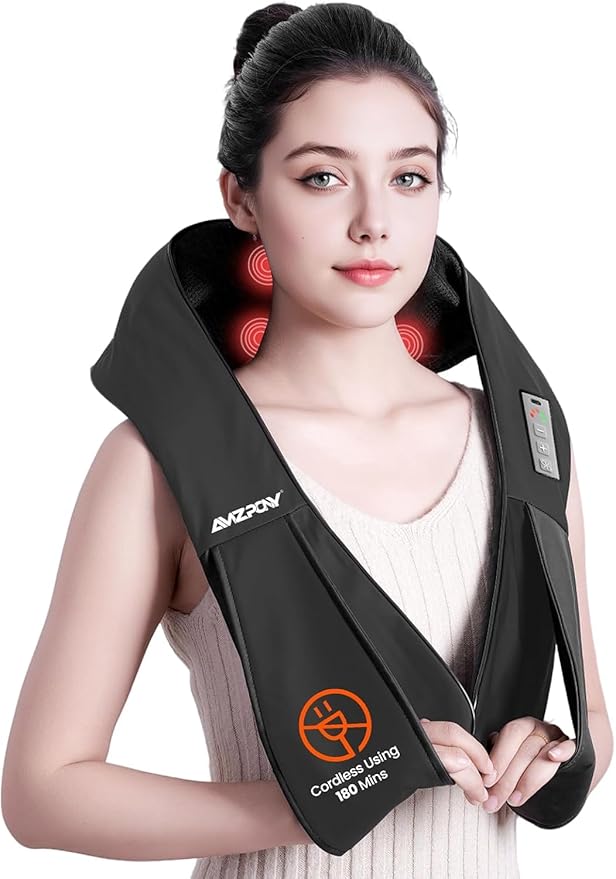 AMZPONY® Cordless Neck Massager for Pain Relief Deep Tissue Rechargeable Shiatsu Neck and Back Massager with Heat Kneading Shoulder Massage for Body Muscle Pain ReliefGifts for Dad Mom Friends