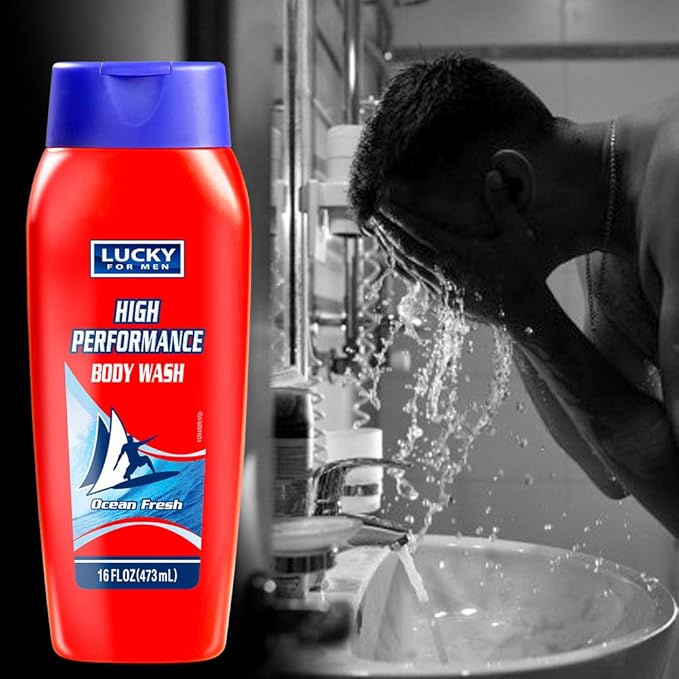 Lucky for Men High Performance Body Wash. Gives a Fresh Clean Feel with an Intense Foaming Formula. Ocean Fresh Fragrance. 16 fl.oz. Pack of 12