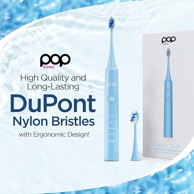 Pop Sonic Pro 2.0 Electric Toothbrush (Blue) Rechargeable Sonic Toothbrush with 45000 Vibrations Per Minute &amp 4 Cleaning Modes for Adults &amp Kids with Long Lasting Dupont Nylon Bristles