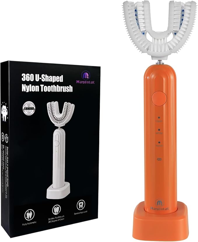 Ultrasonic U Shaped Toothbrush for Adults Electric Toothbrush for 360-degree Cleaning with Wireless Charging Waterproof IPX7 3 Modes for Teeth Whitening(Orange)