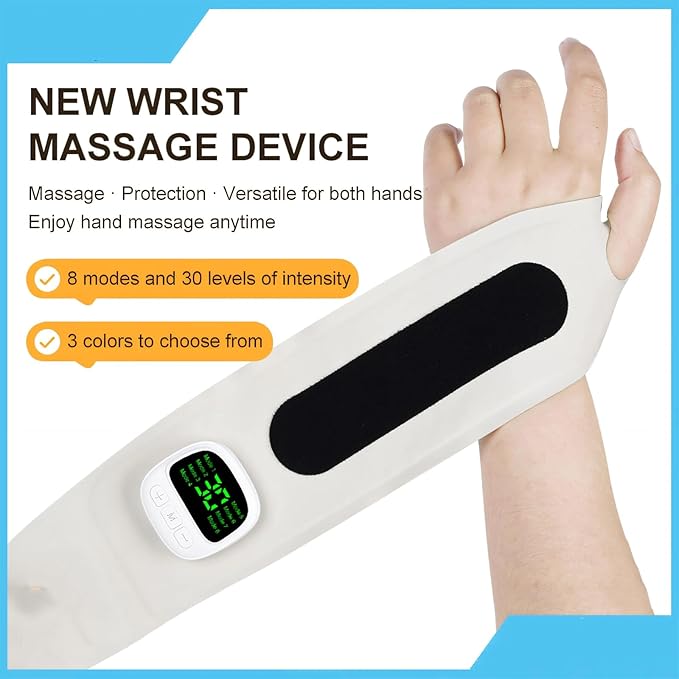 Rechargeable Adjustable Electric Wrist MassagerPortable Cordless Carpal Tunnel Wrist Massager with 8 Modes 30 Intensity LevelsWearable Hand Heating Pad for Hand Pain Relief (Blue)