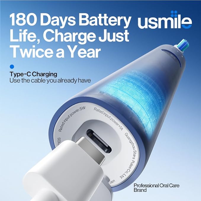 usmile P10S Sonic Electric Toothbrush – 3 Modes Deep Clean &amp Whitening 180-Day Battery Life Cushioned Gum-Care Brush Head for Sensitive Teeth Smart Timer 2 Brush Heads (Blue)