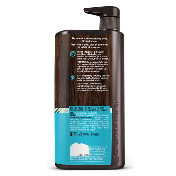 Every Man Jack Coconut + Driftwood Mens Body Wash for All Skin Types - Cleanse Hydrate and Smell Great - Free of Parabens Phtalates and Dyes - 33.8 fl oz (2 Pack)