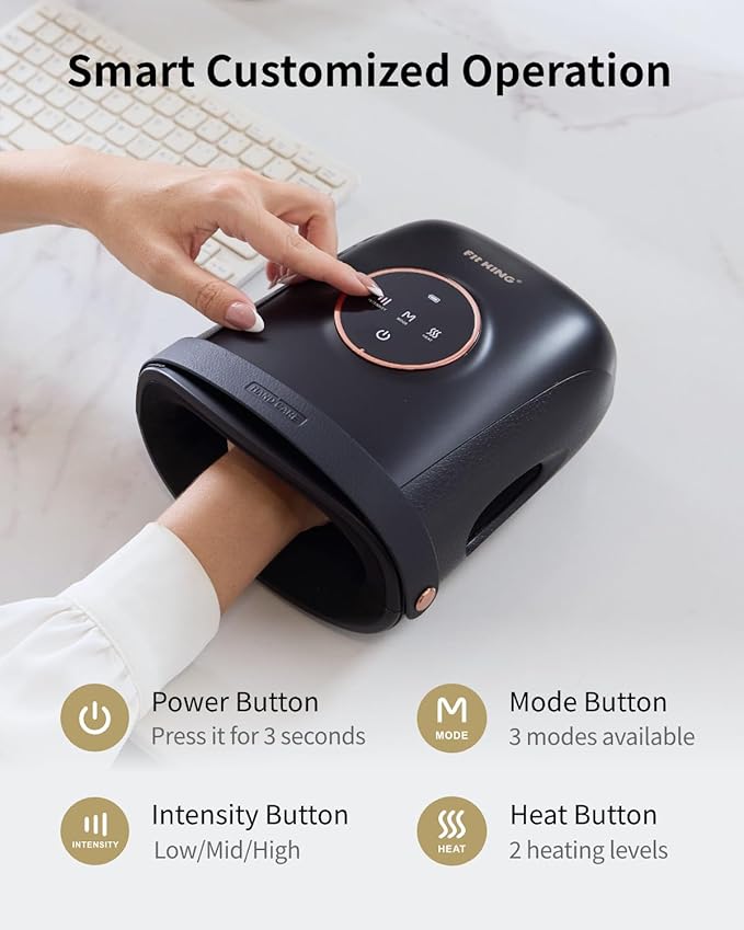 FIT KING Cordless Hand Massager with Compression &amp Heating Fingers Wrap Massage for Arthritis Pain and Carpal Tunnel Large Space for Both Men and Women (Black)
