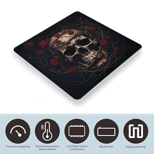 Digital Bathroom Scale for Body Weight Scale with Bright LCD Display High Accuracy Step-On Technology Auto On/Off Skull with Red Rose Digital Scales 400 Lbs /180kg