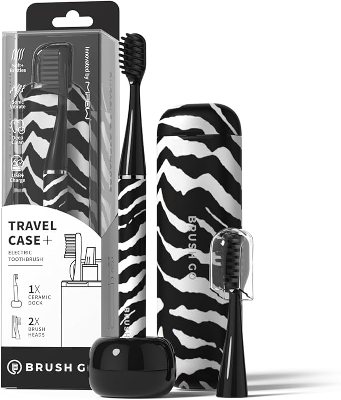 MIPOW Brush GO SlimPro i4 Electric Toothbrush Rechargeable Smart Ultra Sonic 3 Modes Travel Case &amp Ceramic Dock 60Day Battery Soft Bristles 2 Heads IPX7 Waterproof Color-ZebraBold Edition