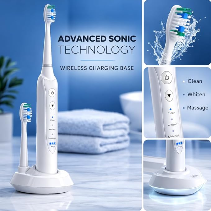 Sonic Electric Toothbrush with 5 Toothbrush Replacement Heads travel case 3 Brushing Modes &amp 2 Minutes Built-in Timer Travel Toothbrushes with Inductive Charging Rechargeable toothbrush | Whit