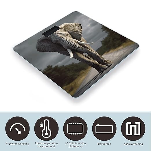 3D Elephant_ Scale for Body Weight Safe Rounded Corners Tempered Glass Digital Bathroom Scale LED Display 400lb Capacity Weight Scales with High Precision Sensors