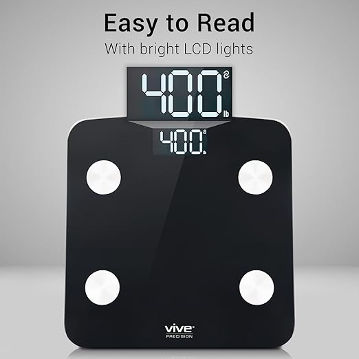 Vive Precision Smart Bathroom Scale for Body Weight (400lbs) - Digital Scale with BMI Body Fat Muscle Mass &amp 10 Extra Measurements - Accurate Home Bath Scale Easy to Read Backlit LCD Display
