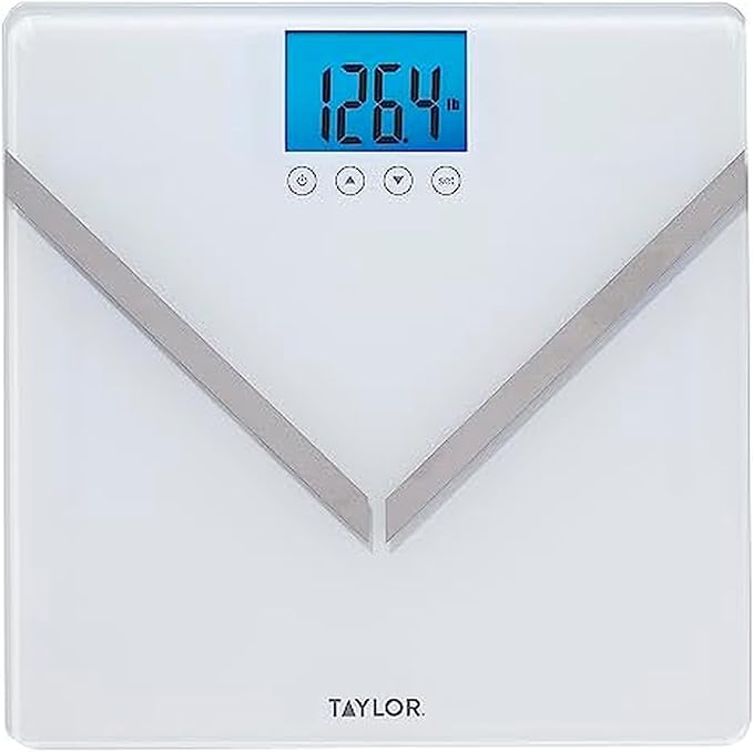 Taylor Digital Glass Body Composition Scale Bathroom Scale for Body Weight Measures Body Fat Body Water and Muscle Mass Percentages 8 User Recognition FSA HSA Eligible 440 lb Capacity White
