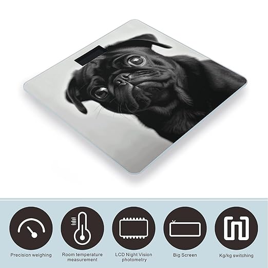Cute Black Pug Dog Weight Scale Digital Electronic Scales Bathroom Scale Larg LCD Backlight Display High Precision MeasurementsTempered Glass