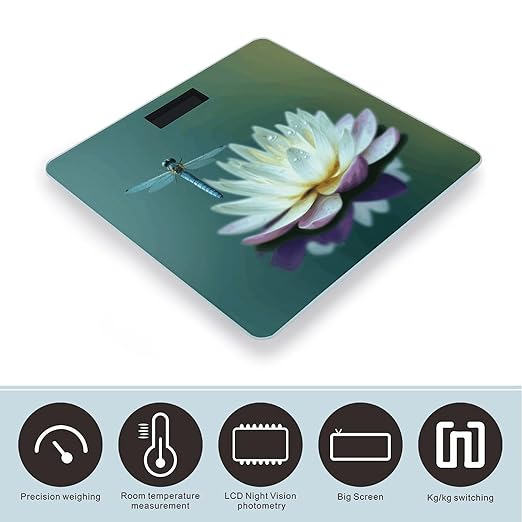 Dragonfly with Water Lily Weight Scale Digital Electronic Scales Bathroom Scale Larg LCD Backlight Display High Precision MeasurementsTempered Glass