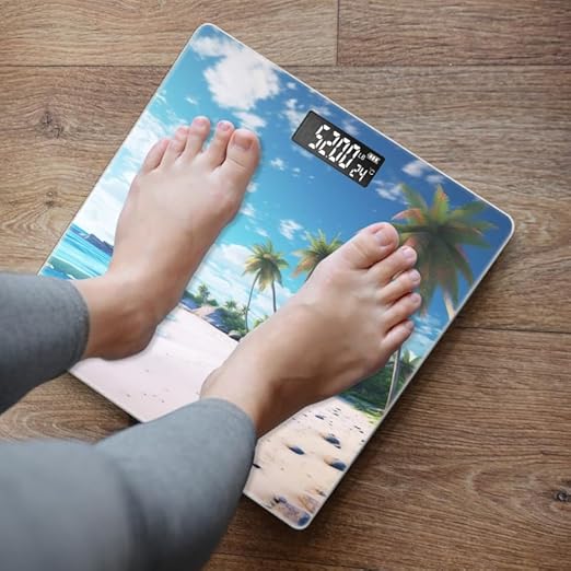 Digital Scale for Body Weight Highly Precision Bathroom Weight Scale 400 lbs with Backlit Display Personalized Scale for Home-Beautiful Tropical Beach with Palm Trees and Rocks