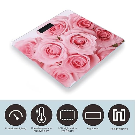Pink Fresh Roses Bathroom Scale Large LCD Backlight Display Digital Scale Rounded Corners Body Scales Automatic Power On/Off Bathroom Scales for Home Bedrooms