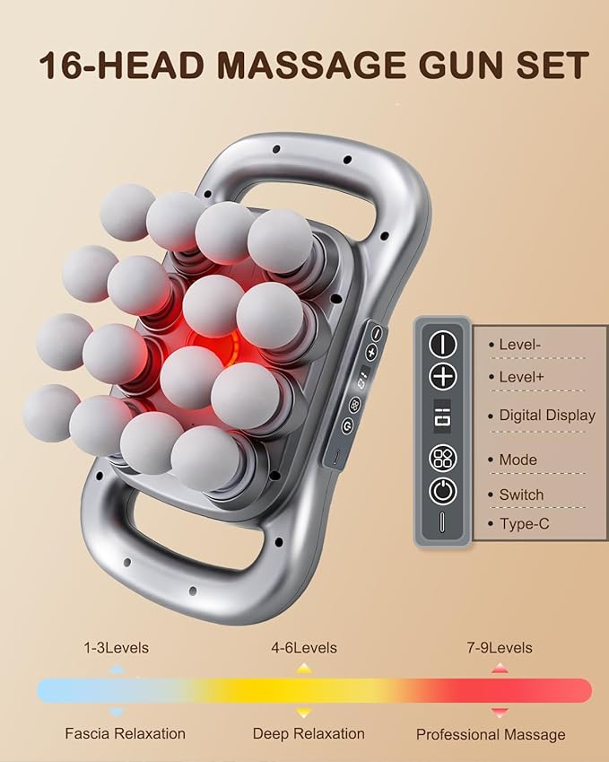 16 Head Massage Gun Set - Deep Tissue Percussion Massager with 9 Modes&ampLevels with Red Light Therapyfor BodyBackShouldersNeckLegsFootMassage Gun deep TissueBest Gift for WomenMenMom and