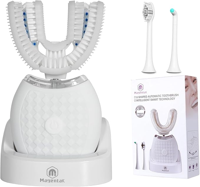 Electric U Shaped Toothbrush for Adult360 Degree Automatic Cleaning Ultrasonic Tooth Brush has 23760 Nylon Bristles and 3 Modes Standard Fast Ultra Fast(White)