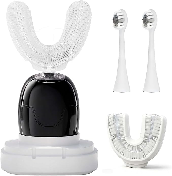 Electric U Shaped Toothbrush Adults with Nylon Brush Head360 Degree Whole Mouth Cleaning Rechargeable Electric ToothbrushTeeth Whitening Brush for Home &amp Travel Use (Black)