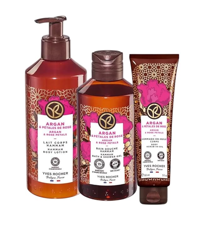 Yves Rocher Argan and Rose Petals Shower Gel Body Nourishing Milk Body Scrub Exfoliating Cream Women Day Care 200 ml./6.7fl.oz. 390 ml./13.2 fl.oz. 150 ml./5 fl.oz. Set of 3 Best Gift Kit